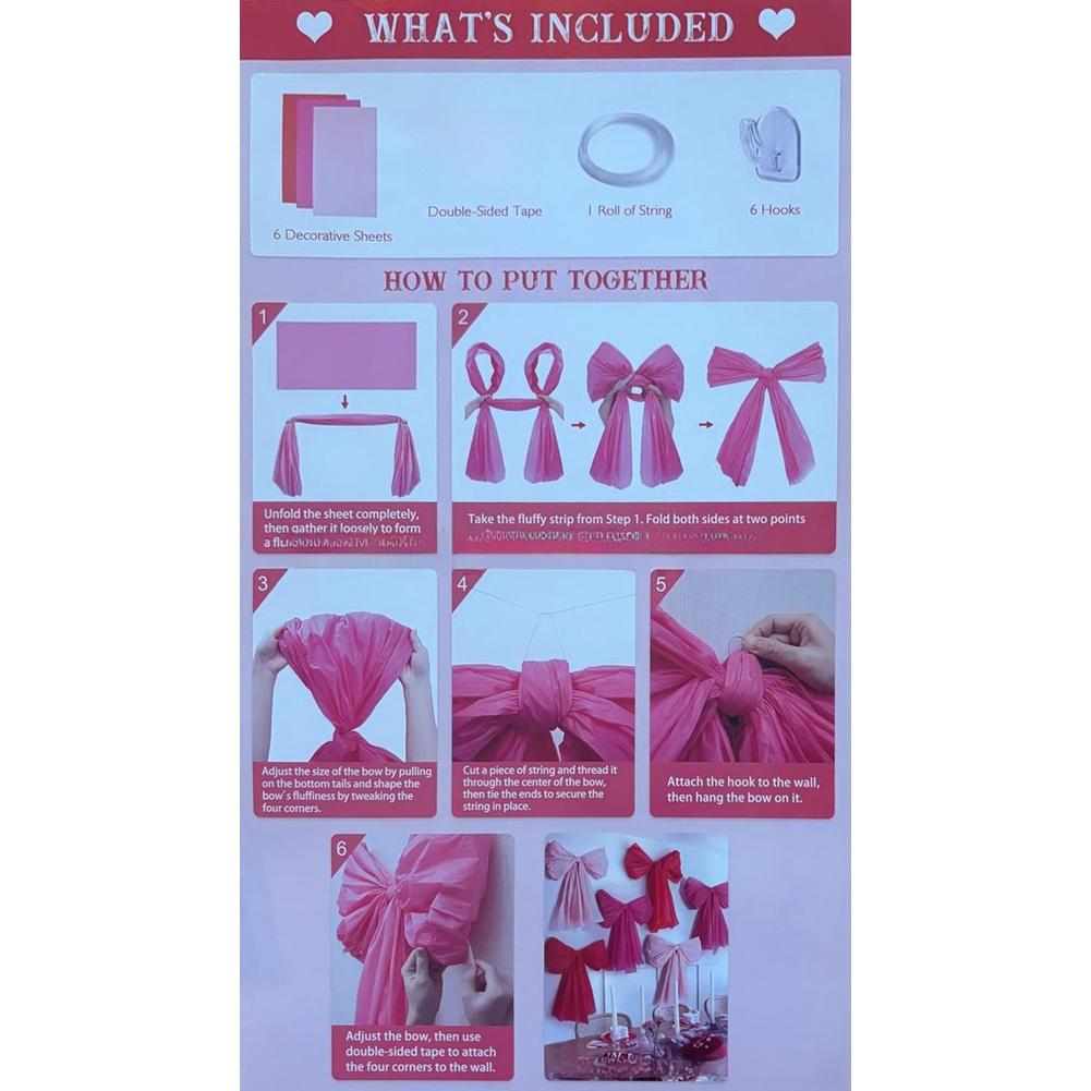 6 Piece Giant Valentine Bow DIY Kit for Wall Door Window Party Home Decor Includes Materials for Six Large Reusable Bows