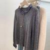 Dark Gray Plaid Fungus Edge Long-sleeved Knitted Cardigan Sweater Jacket with Women's Temperament Top New