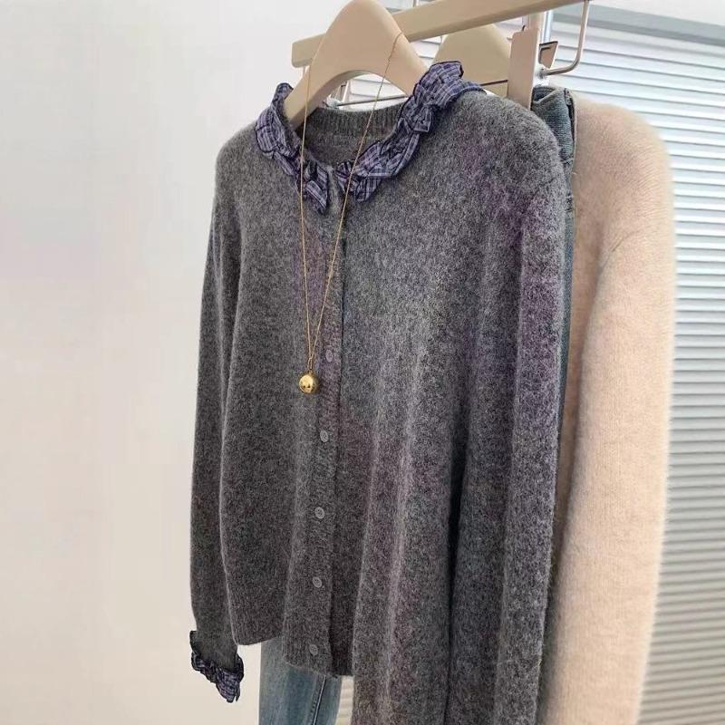 Dark Gray Plaid Fungus Edge Long-sleeved Knitted Cardigan Sweater Jacket with Women's Temperament Top New