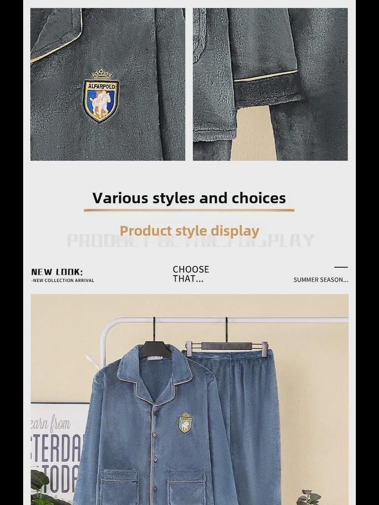 Flanell-Pyjama-Set für Herren: Langärmliger Revers-Cardigan und Hose, Übergröße, Herbst/Winter.