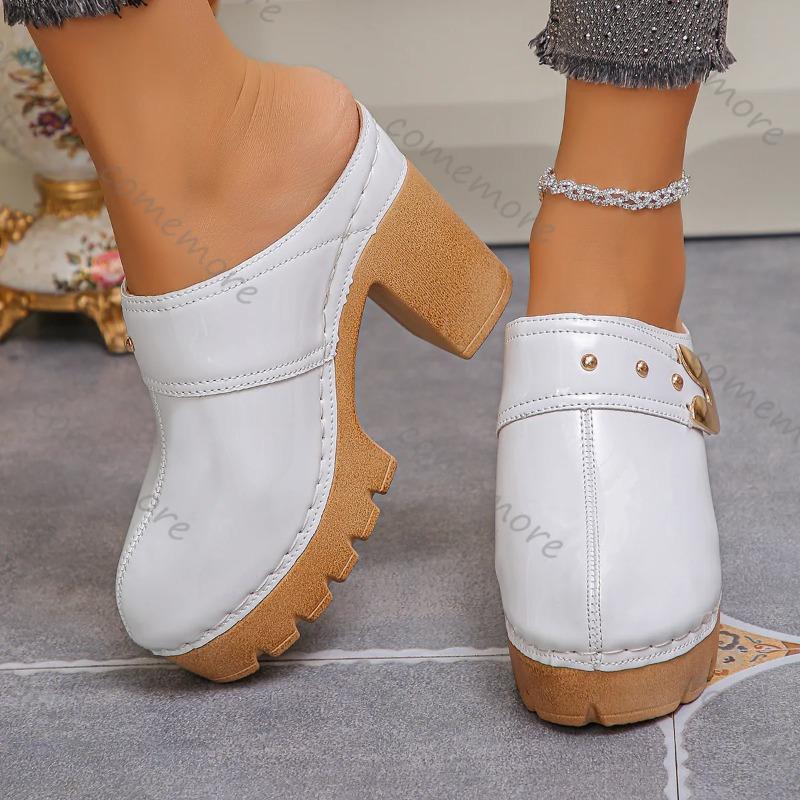 Damskor Chunky Högklackade Mules Tofflor Enfärgade Baotou Romerska Tofflor Plattform Slip-on Skor