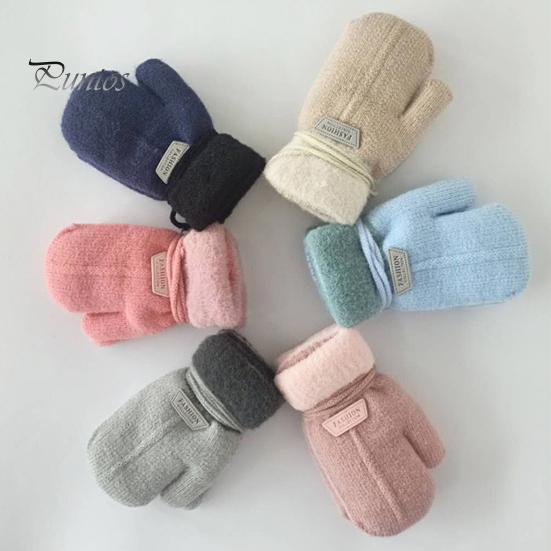 Children Mittens 1 Pair Hanging Rope Halter Thickened Fleece Lining Winter Woolen Yarn Gloves Letter Logo Solid Color Baby Knitting Knitted