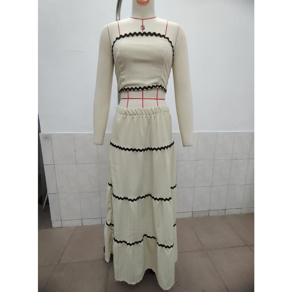 Summer Vacation 2-Piece Set, Elegant Strapless Lace Patchwork Maxi Dress for Women, European & American Style Casual Vacation Outfit