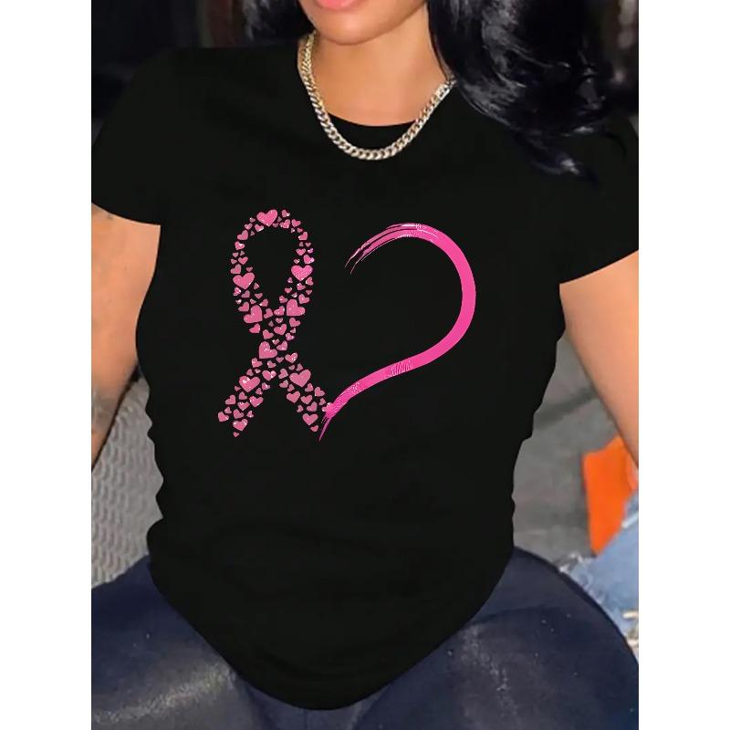 

European Size Women s Breast Cancer Awareness T-Shirt with Heart & Ribbon Print Suitable for Cancer Survivors & Supporters 4XL чорний