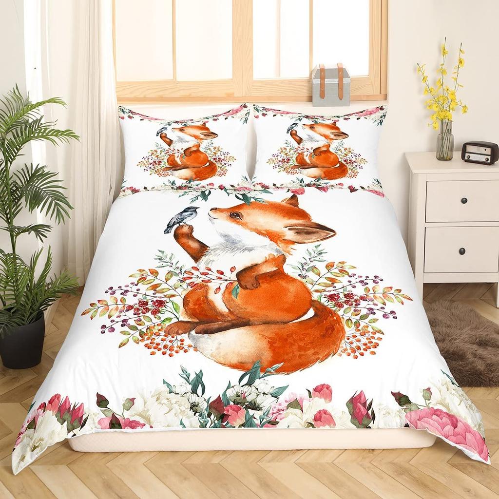 Cartoon Fox Duvet Cover Set Cute Kawaii Wild Animals King Queen Size Polyester Comforter Cover With Pillowcase For Kids Teens
