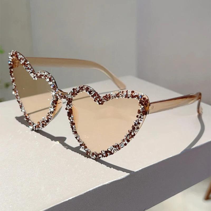 KAMMPT Heart Shaped Sunglasses with Rhinestones Women Stylish Candy Color Beach Rave Shades Trendy Sweet Handmade Sun Glasses