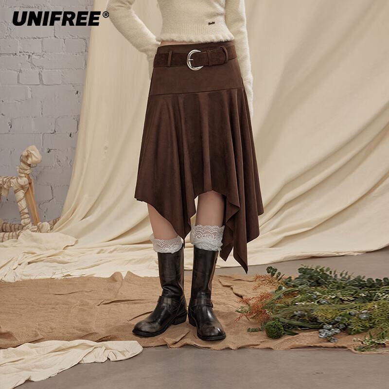UNIFREE Retro Suede Irregular Midi Skirt M