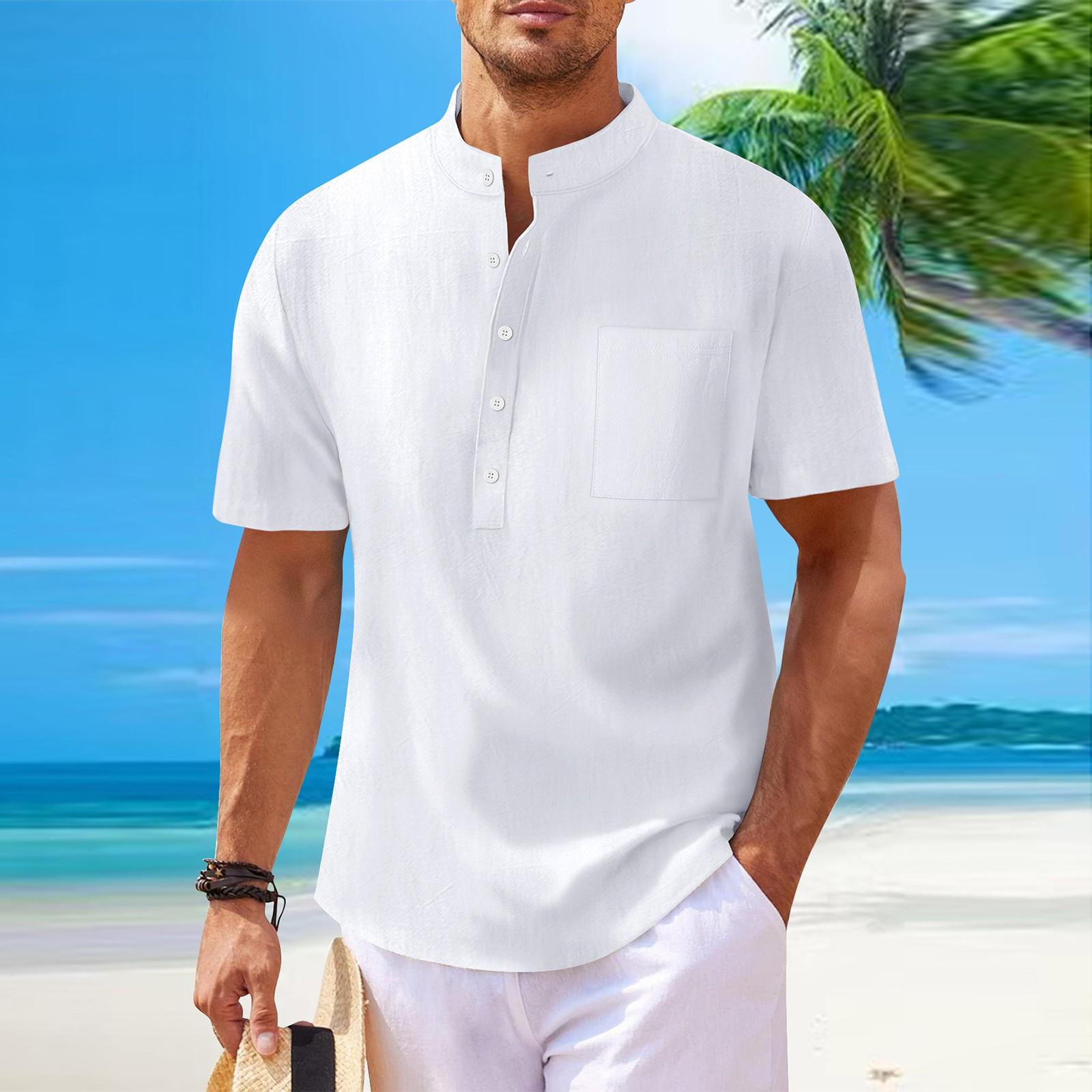 

Мужская рубашка с воротником-стойкой и коротким рукавом, свободная рубашка для отдыха и отдыха, мужская XL белый