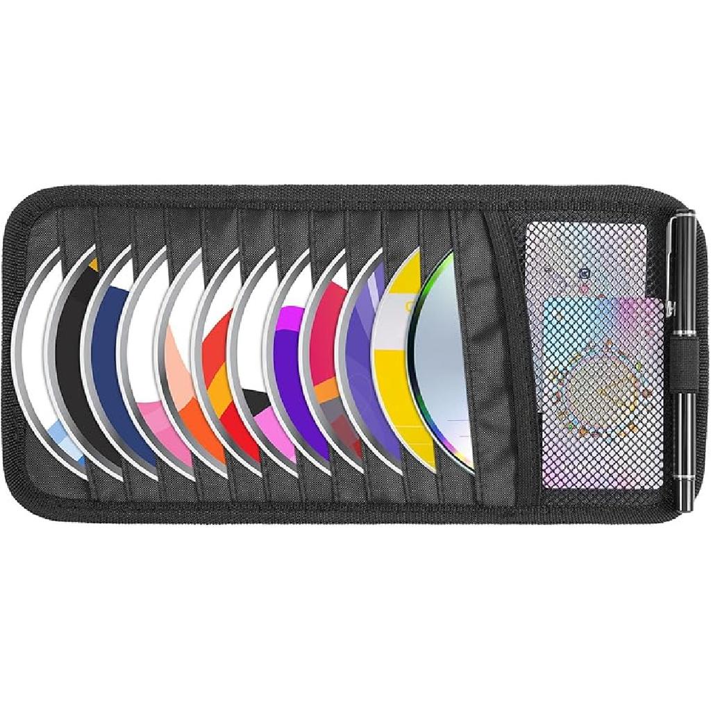 Black Car CD Case Holder DVD Vehicle Visor Storage Orangizer Large Capacity CD Visor Case With 12 DVD Storage Sleeves 1 Mesh Pocket 1 Pen Holder And