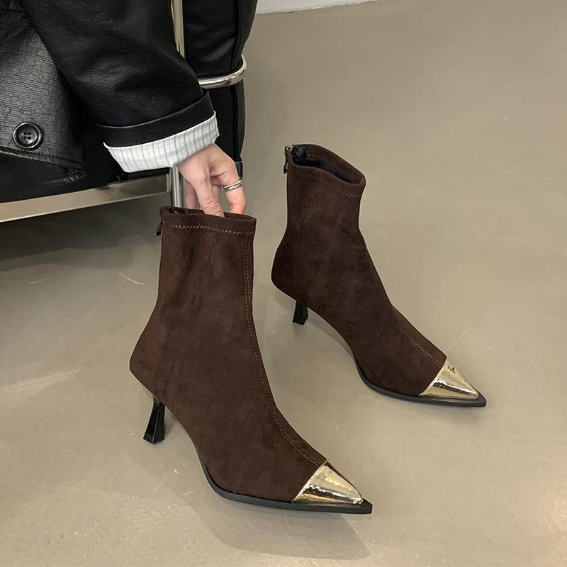 

Остроносые комбинированные ботильоны на тонком каблуке женские 2025 осень новые замшевые на высоком тонком каблуке модные тонкие ботильоны 37 коричневый