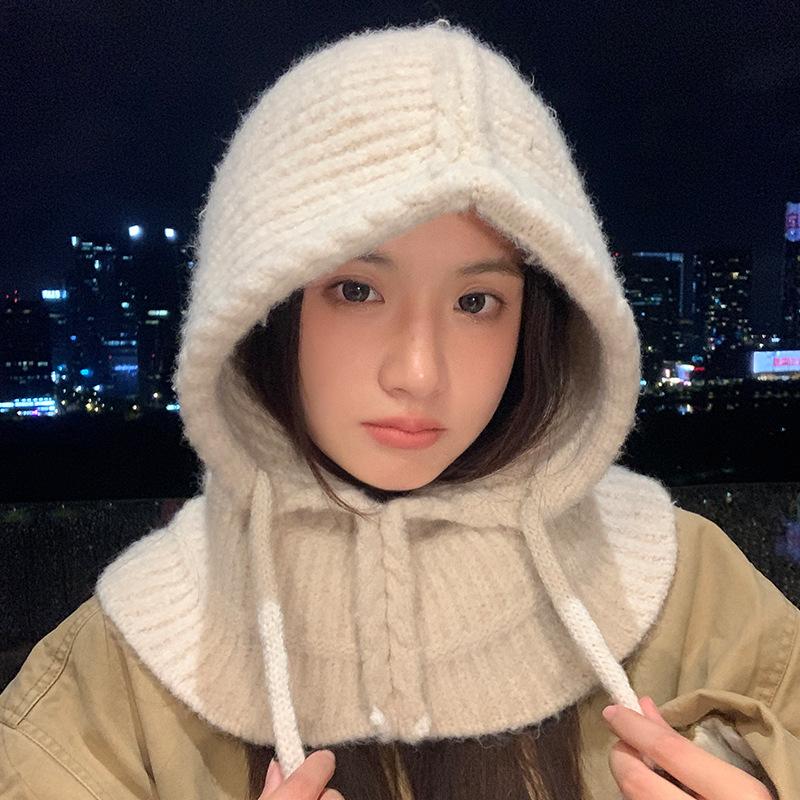 Balaclava Hat with Thickened Warm Scarf In Autumn and Winter Korean Version of Big Head Windproof Ear Protection Wool Hat