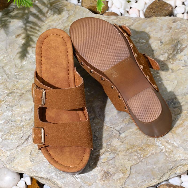 

Trendy women s shoes summer new high-heeled platform slippers women s round head belt buckle sandals 43 кофейный