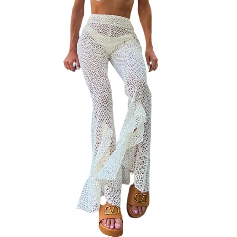 Women's Solid Color Swimsuit and Trendy See-Through Flared Pants 24020032