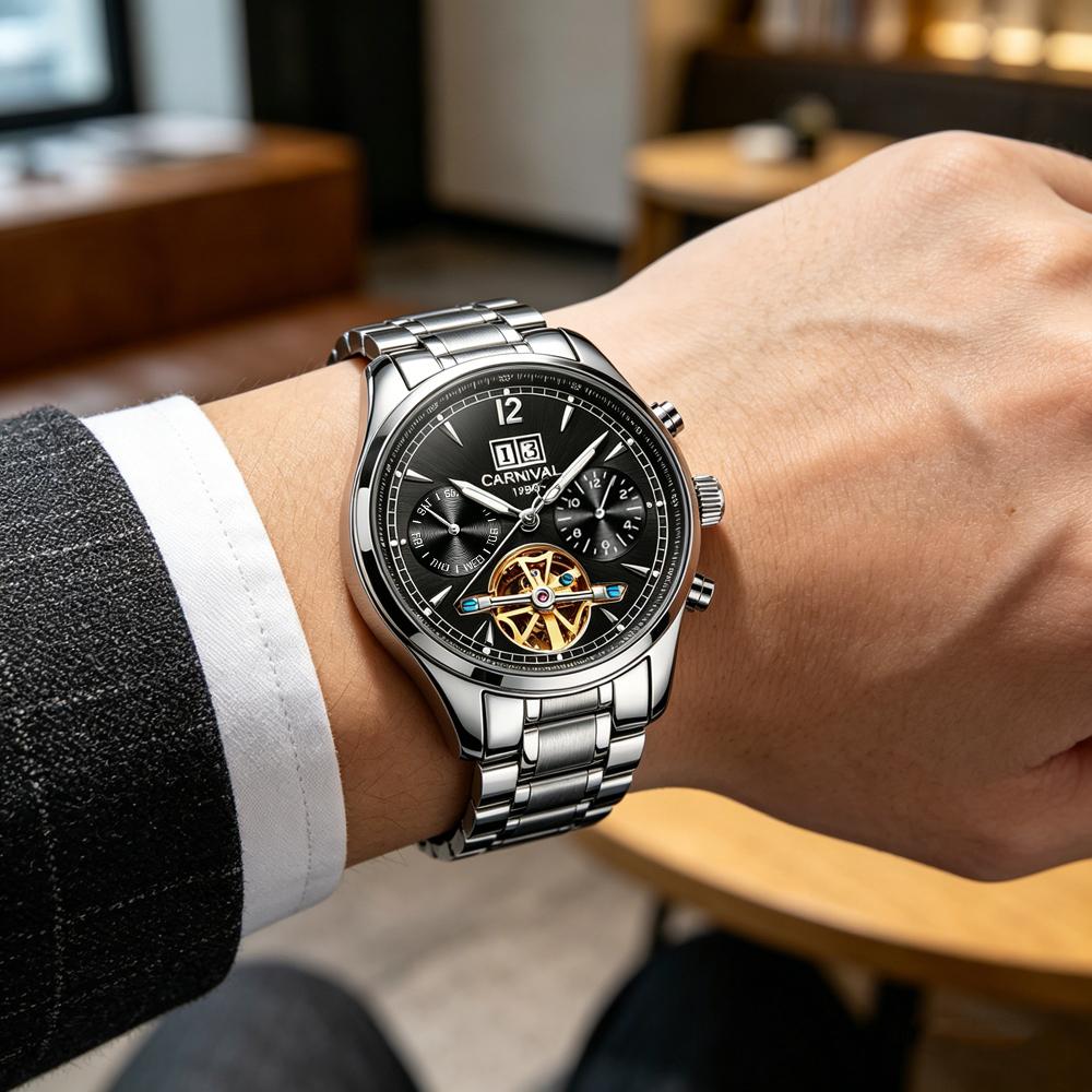 CARNIVAL Luxury Brand Automatic Watches Men Stainless Steel Tourbillon Mechanical Watch Luminous Waterproof Date Clock Reloj