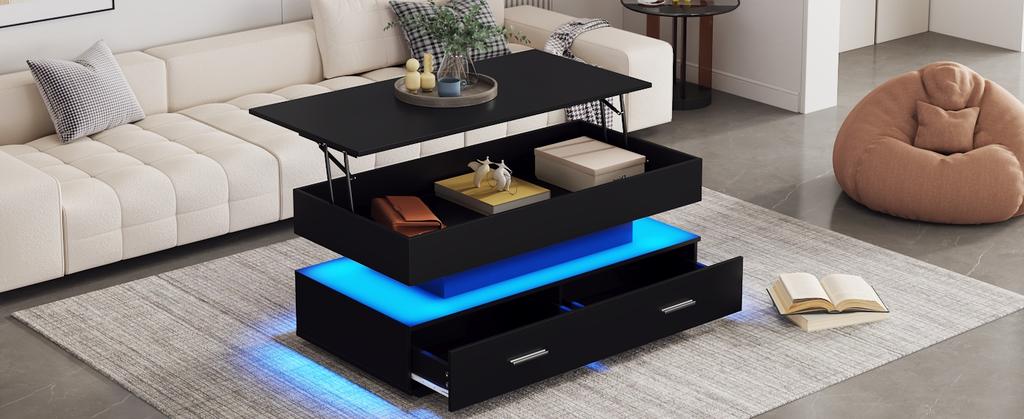 100*50*44cm Hydraulic Height-adjustable Coffee Table, with LED Lighting, Bluetooth App Control, 2 Drawers and Open Storage, Black Liftable