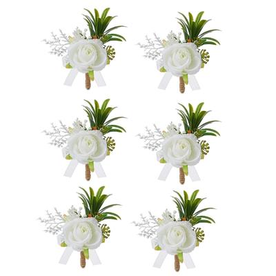 Pack of 6 White Artificial Rose Boutonniere Pin Elegant Bridals Brooch Wedding Groomsmen Accessories Suit Decoration