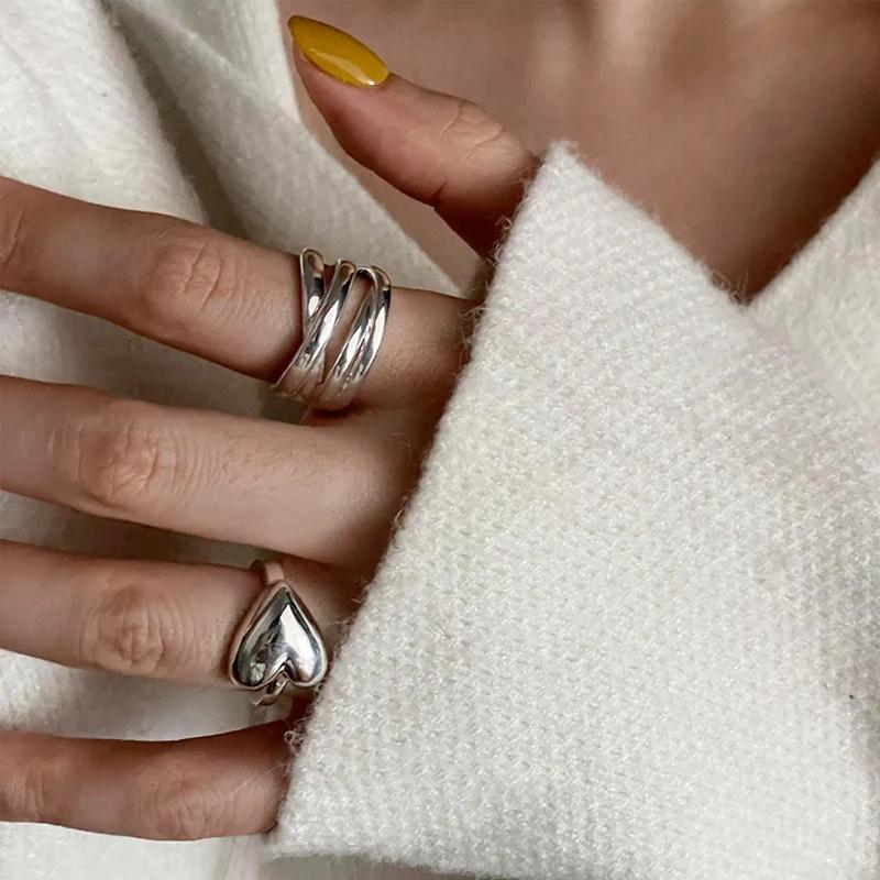 VENTFILLE Stamp Silve Color Love Heart Overlapping Ring for Women Girl Birthday Gift Irregular Hip Hop Fashion Jewellery