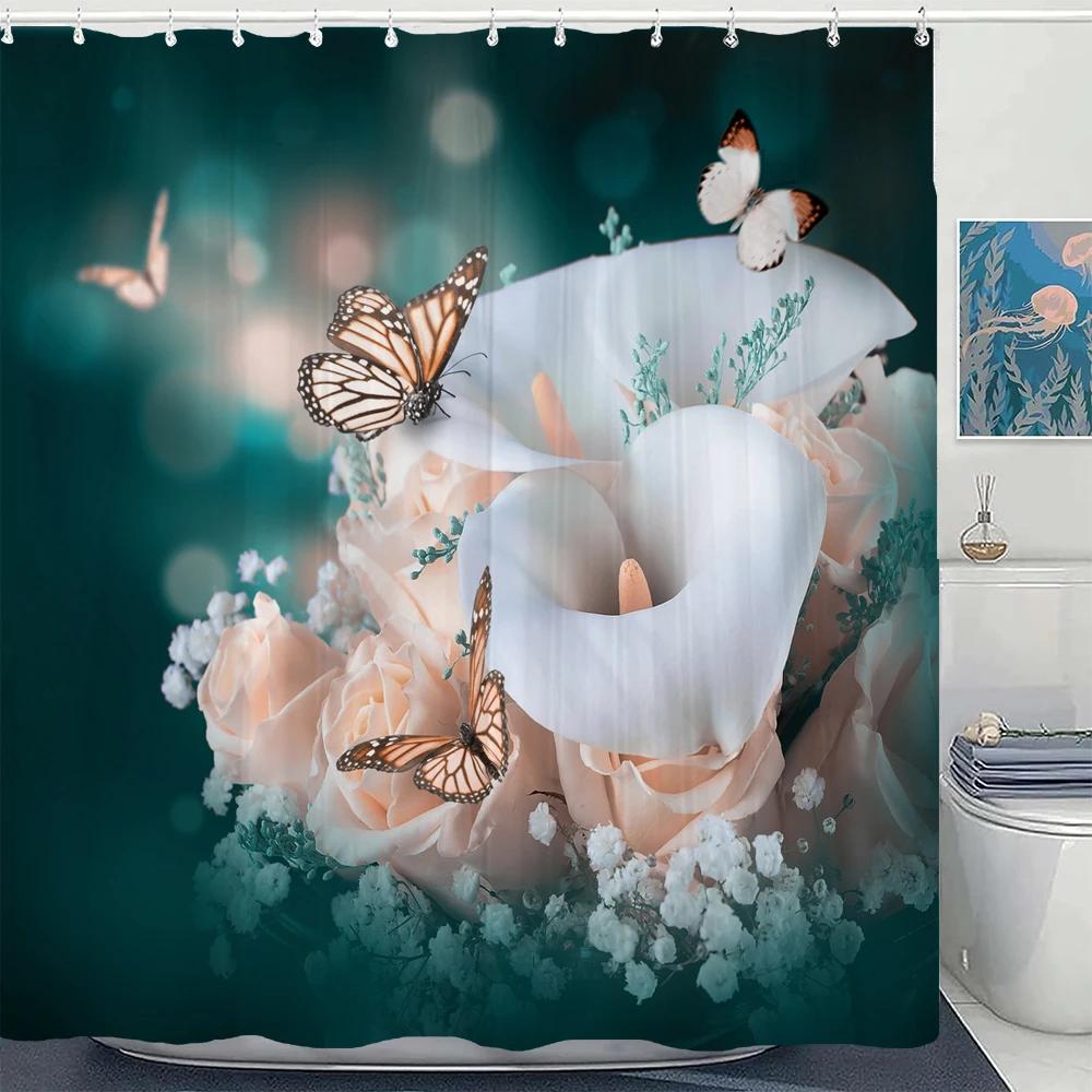 1Pcs Fresh Flowers Style Waterproof Shower Curtain, Blue Butterfly Of Flower Bathroom Decoration Curtain, With Plastic Hooks