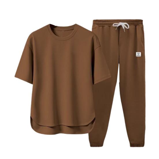 

Мужской летний спортивный костюм из 2 шт./компл., футболка с коротким рукавом и эластичным шнурком на талии, широкие длинные спортивные штаны, комплект, однотонный повседневный наряд XL кофейный