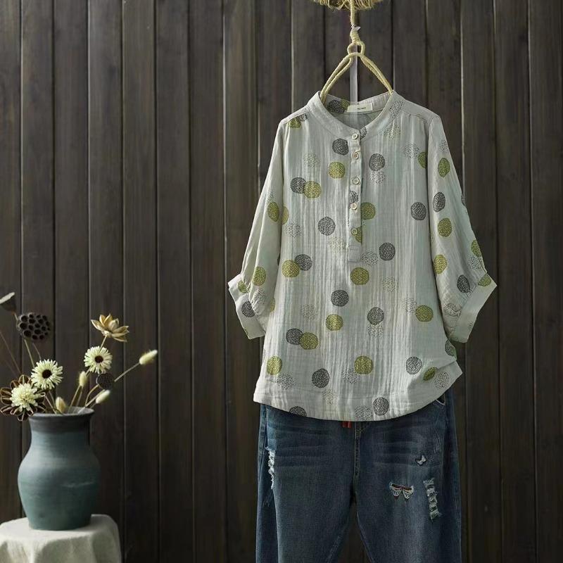 Autumn Double-layer Cotton Yarn Blouses & Shirts Printed Plus Size Shirt Loose Five Quarter Sleeve Stand Up Collar Top Cotton Yarn Shirt