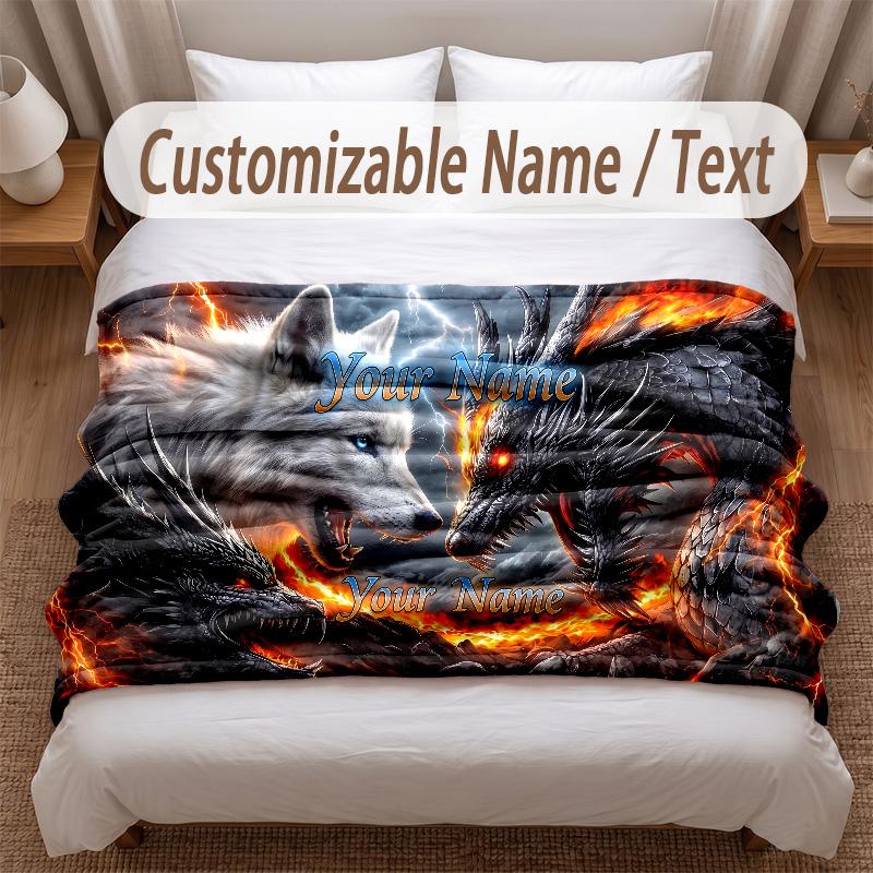 Wolf Theme Soft Blanket Personalized Custom Name Text Print Warm Blanket Home Sofa Bedroom Decor