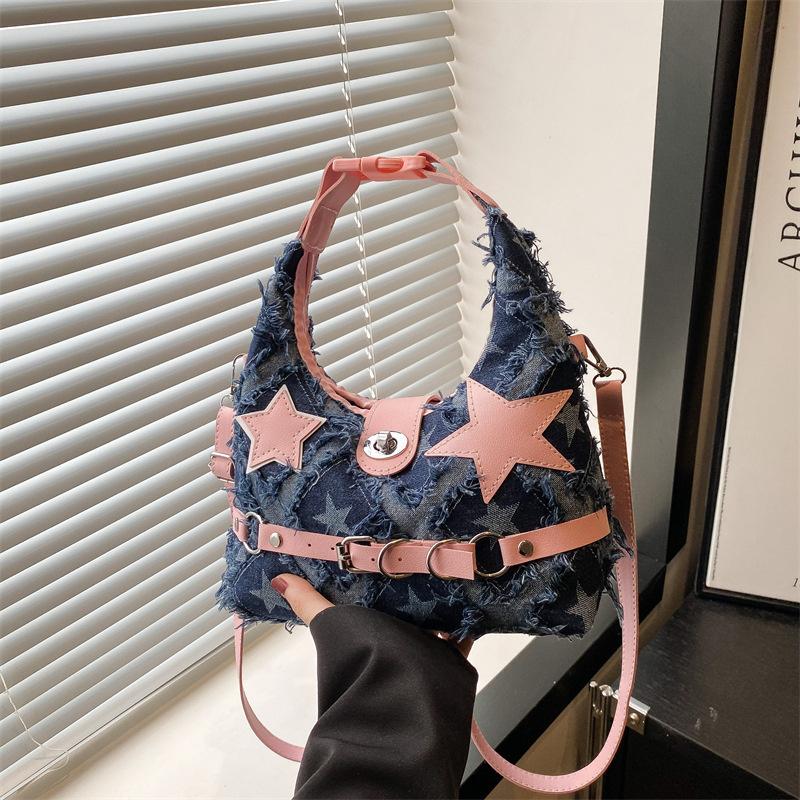 Pink Star Purse and Handbags Aesthetic Plaid Denim Shoulder Bag Punk Leisure Outdoor Crossbody Bag For Women