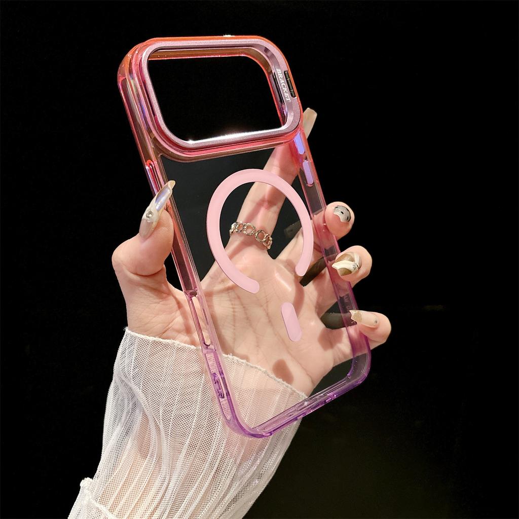 Colorful Camera Bracket Transparent Magnetic Phone Case for iPhone 17 16 15 14 13 12 Pro Max Plus Air Double tone Color Cover