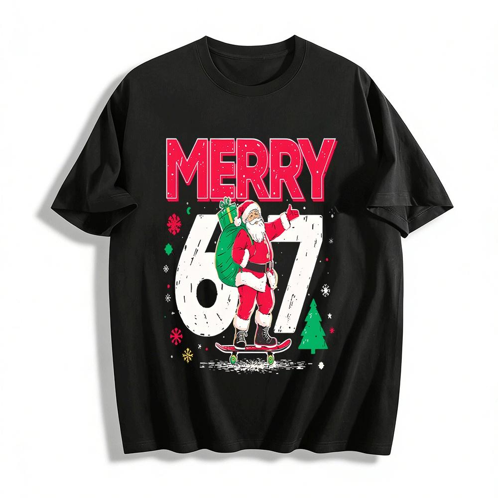 

Trendy Skateboarding Santa Print Casual Christmas Holiday Top Pure cotton T-shirt XXS