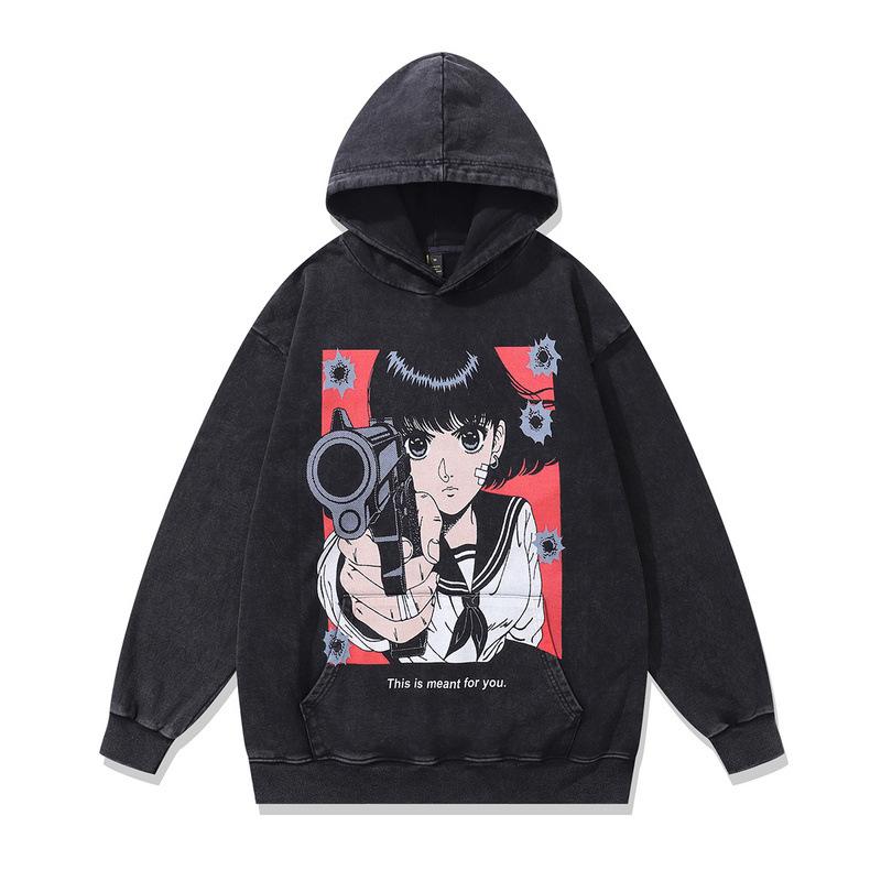 Japanese Animation Printed Hoodie Retro Washed Old Loose Heavy Hooded Sweater Jacket Men And Women