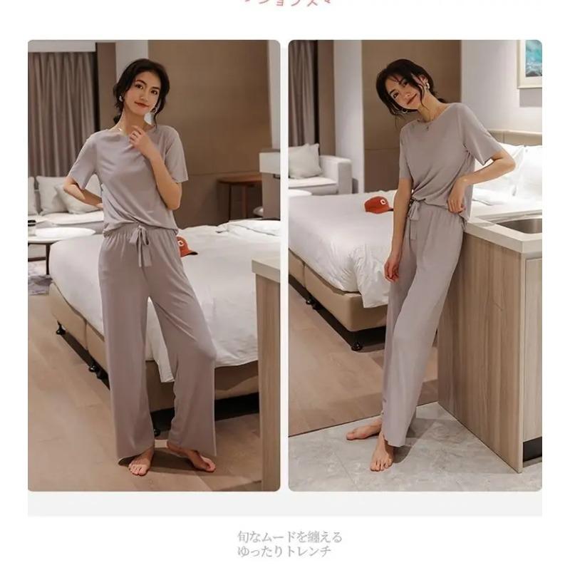 Summer Ladies Pajamas Loungewear Set Summer Thin Solid Color Loungewear Short Sleeves Elasticated Waist Trousers Lazy Pajamas