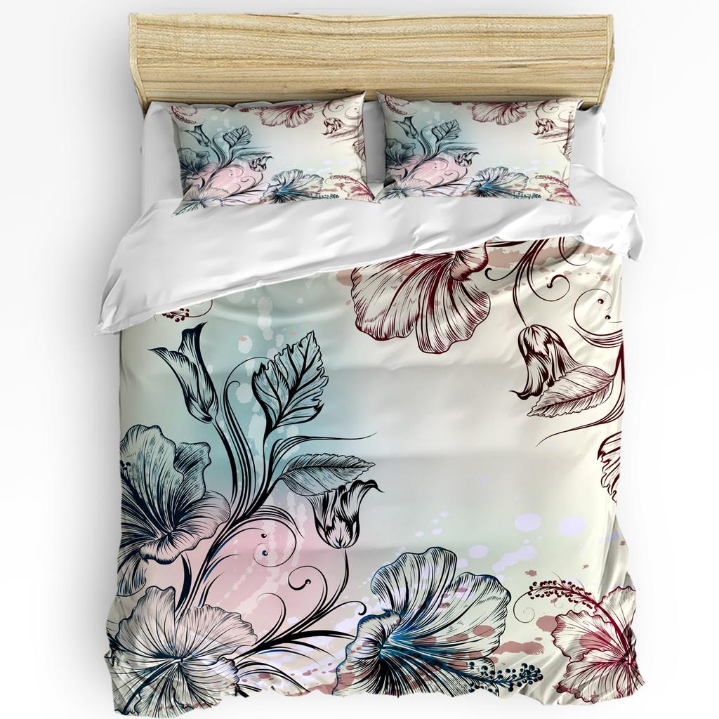 Flowers Hibiscus Retro Style Bedding Set 3pcs Duvet Cover Pillowcase Kids Adult Quilt Cover Double Bed Set Home Textile