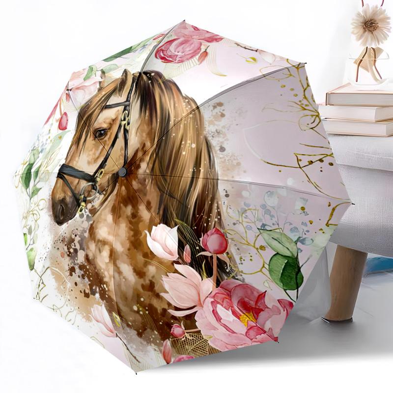 Ombrello Automatico Portatile a 8 Stecche Cavallo e Ghirlanda Floreale Design Pieghevole Leggero per Uso Esterno Quotidiano Regalo Perfetto per Amici Famiglia