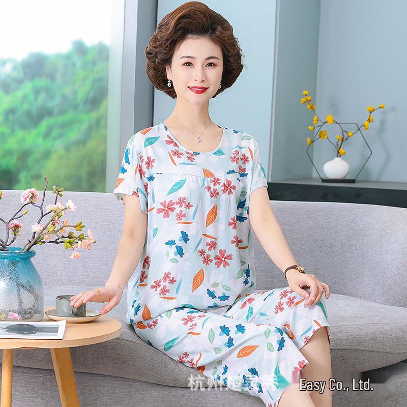 Women's Plus Size Summer Cotton Pajama Set for Middle-Aged & Elderly - Short-Sleeved Homewear Suitable for Outdoor Wear