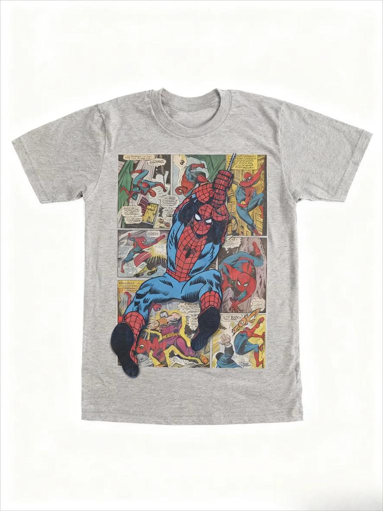 Marvel Genuine 2026 New SpiderMan Comic Book Page Print Plus Size Mens and Womens Short Sleeve Loose Crew Neck TShirts