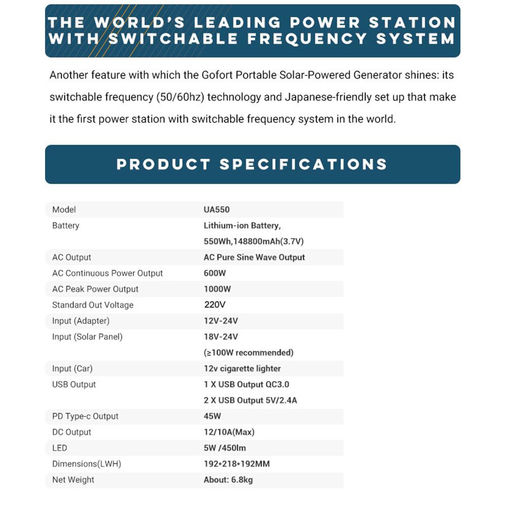 220V 230V Portable Power Station 550Wh Solar Generator 600W(Peak 1000W) 148800mAh AC Outdoor Socket RV/Van Camping Fishing Home