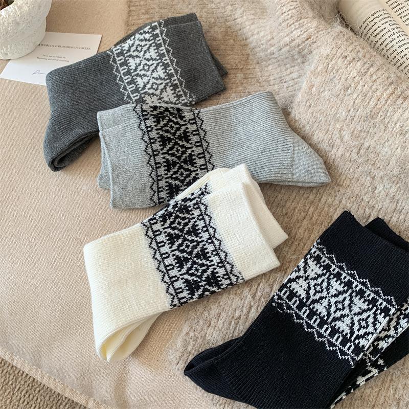 Ethnic-style Socks for Women, Mid-calf Socks for Autumn and Winter, Black, White and Grey, Retro Artistic Pile Socks, Cool Cotton Socks