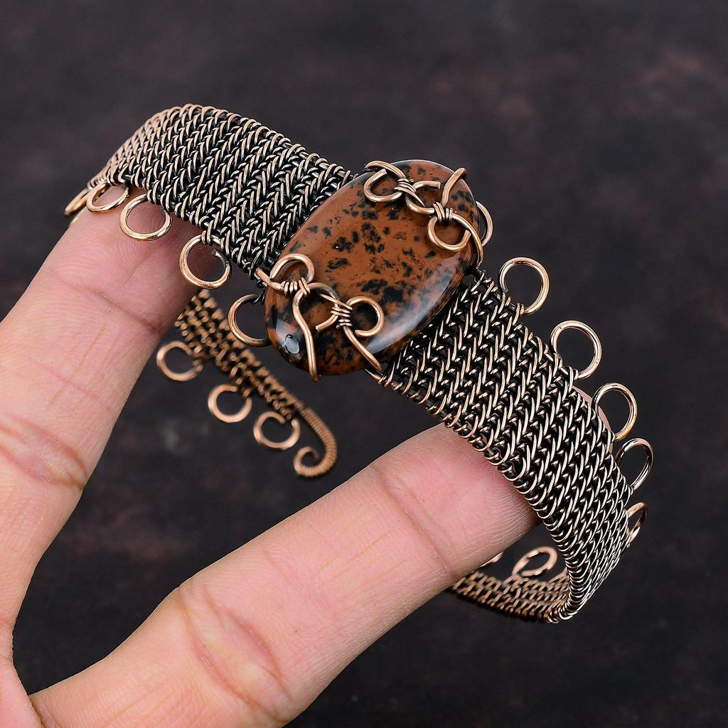 Mahagoni Obsidian Armreif Kupferdraht umwickelt Manschettenarmband Edelstein Verstellbarer Armreif Handgefertigtes Armband Designer Kupferschmuck Hochzeitsgeschenk