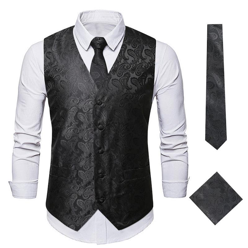 Men Classic Black Paisley Vest Set for Wedding Party Business Fashion V-neck Waistcoat Men Necktie Bow Tie Handkerchief Cufflink S чёрный