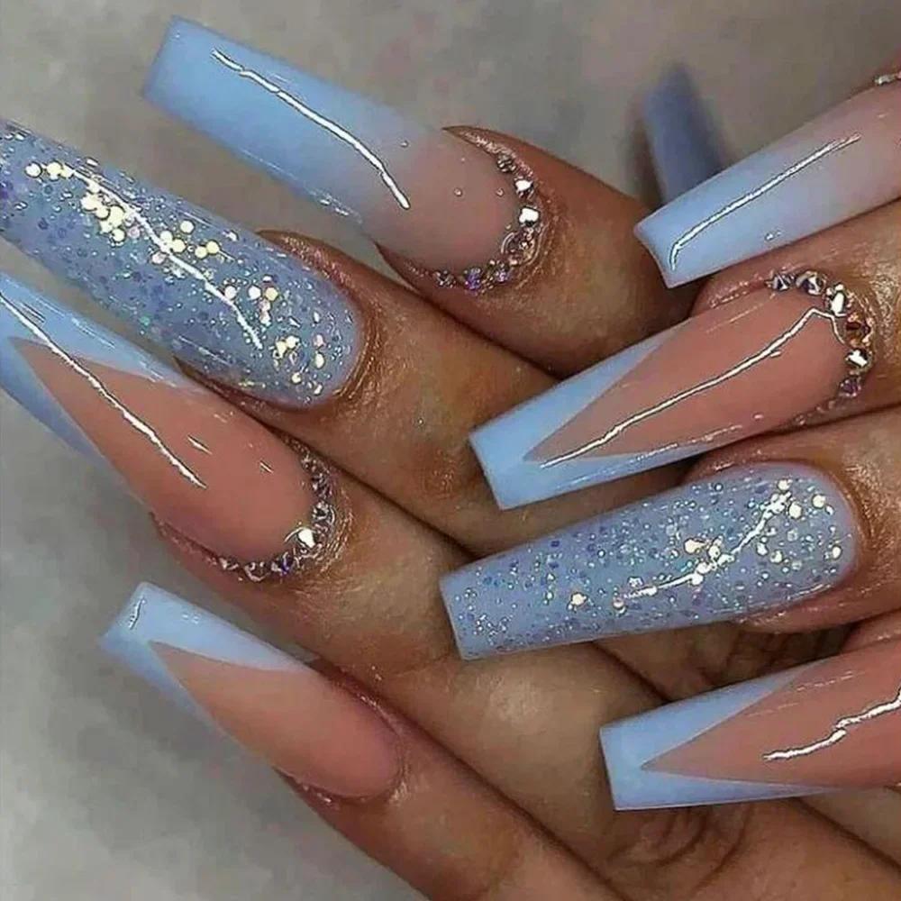 24Pcs Long Coffin False Nails with Love Rhinestone Design Pink French Ballet Fake Nails Manicure Tips Wearable Press on Nails