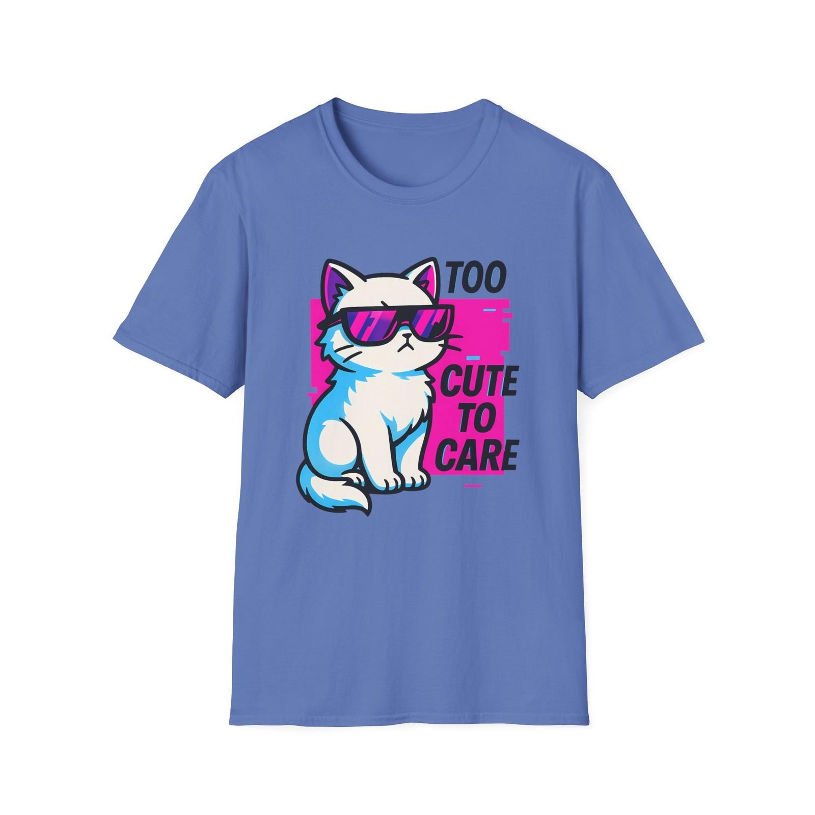Unisex Softstyle T-Shirt Mens Womens Tees Top Glitchy Cat Funny Cyberpunk Kitten Too Cute to Care Tee 2XL