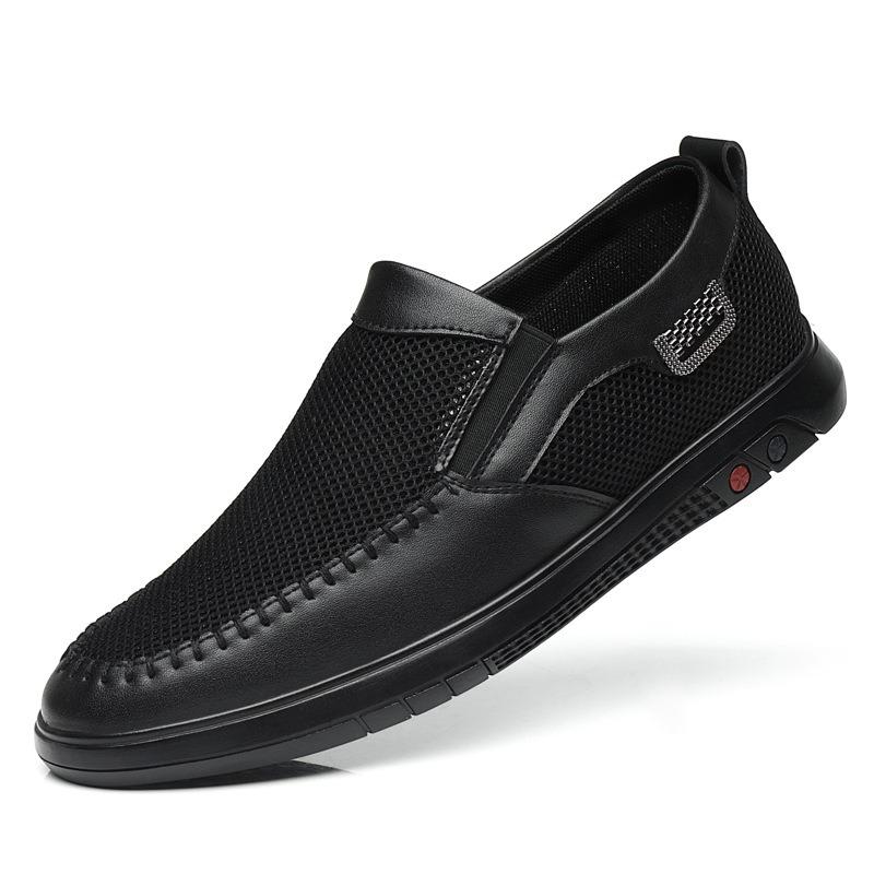 Summer New Breathable and Versatile Black Trend Leather Sports Soft-soled Shoes Mesh Men's Leather Shoes Casual Running Shoes