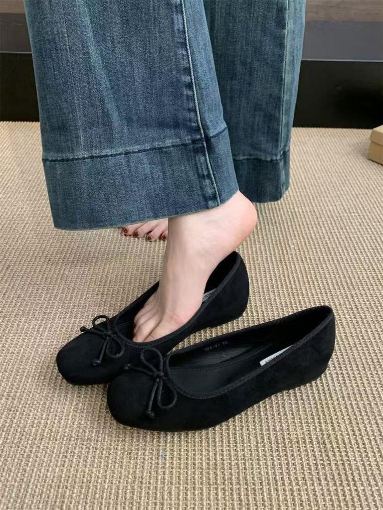 Women'S Spring And Autumn Heightening Shoes Suede Child Red New Evening Shoes French Ballet Single Shoes Bow