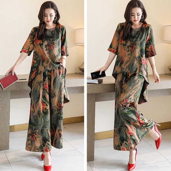 2Pcs/Set O-Neck Half Sleeve Casual Outfit High Low Hem Elastic Waistband Pockets Women Retro Pattern Long Top Wide Leg Pants Set Streetwear