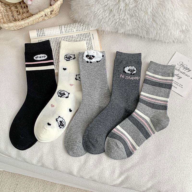 Female Spring and Autumn Lovely Assorted Cartoon Floss Lamb Striped Boneless Tube Pile Socks