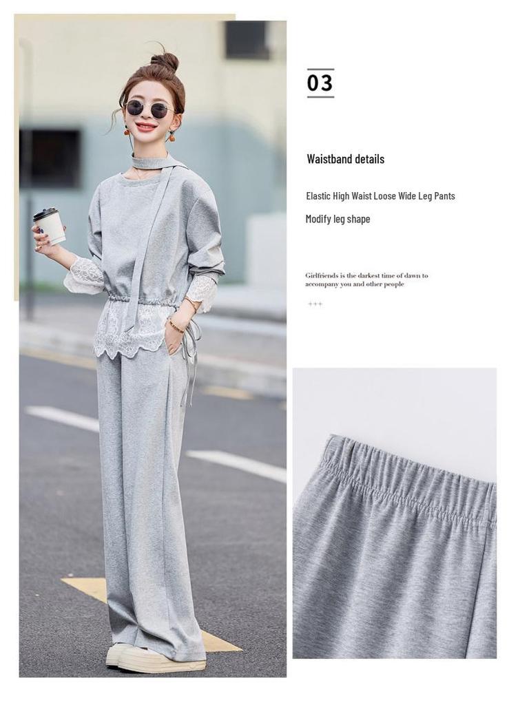 2025 Stilvolles Sweatshirt- und Hosen-Set mit Spitze für Frühling/Herbst