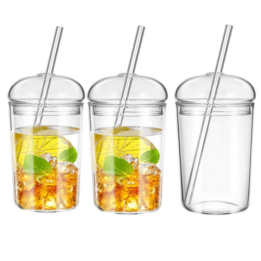 3er-Pack Kaffeetassen aus Glas mit Deckel und Strohhalm, 16 oz Eiskaffeetasse mit gewölbten Deckeln, klares Kaffeetassen-Set aus Glas zum Selbermachen
