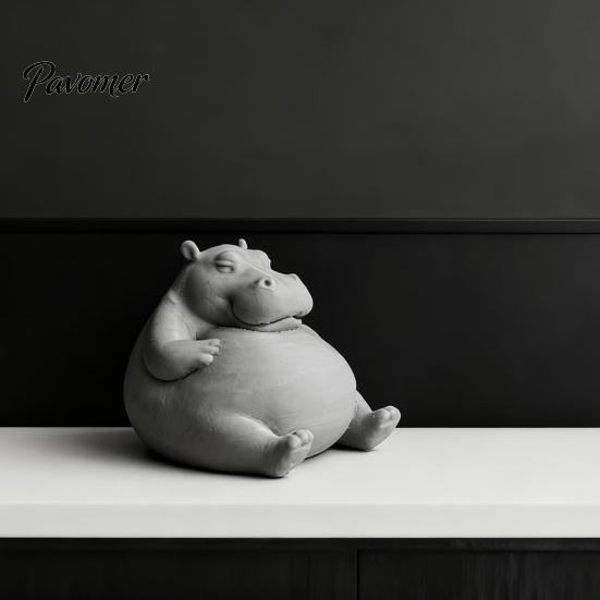 Small Animal Desk Decorations 3D Printed Chubby Hippo Figurine, Lazy Hippopotamus Statue, Cute Desktop Landscaping Props Ornament for Home Office