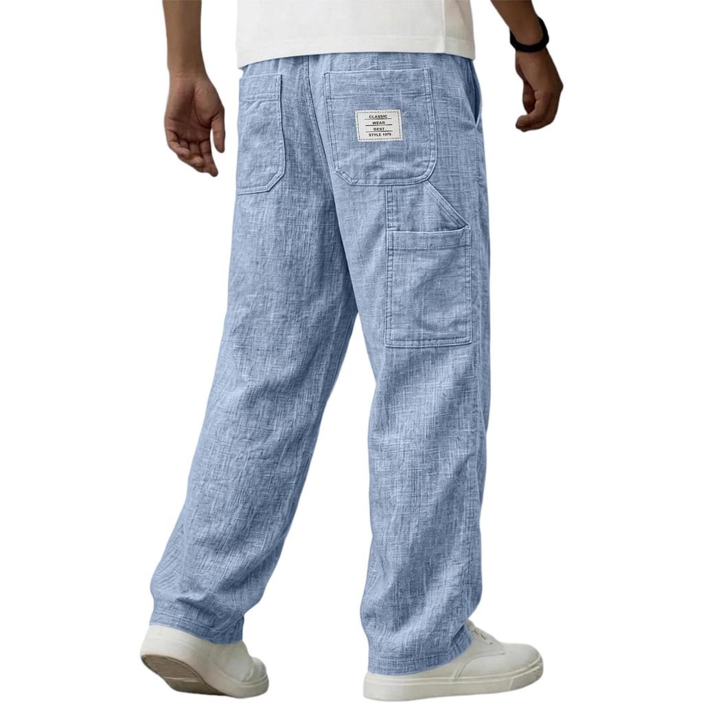 Atmungsaktive Baumwoll-Leinen Casual Hose für Herren mit Taschen Farbe Alltags Hose
