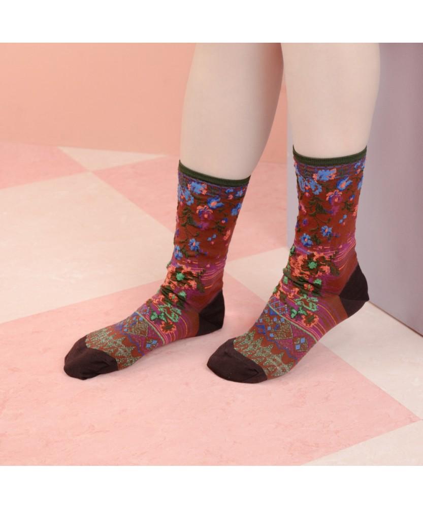 Kokyu Antigua Flower Socks - Brown [Cq-Ct-24-1-N4M-030]