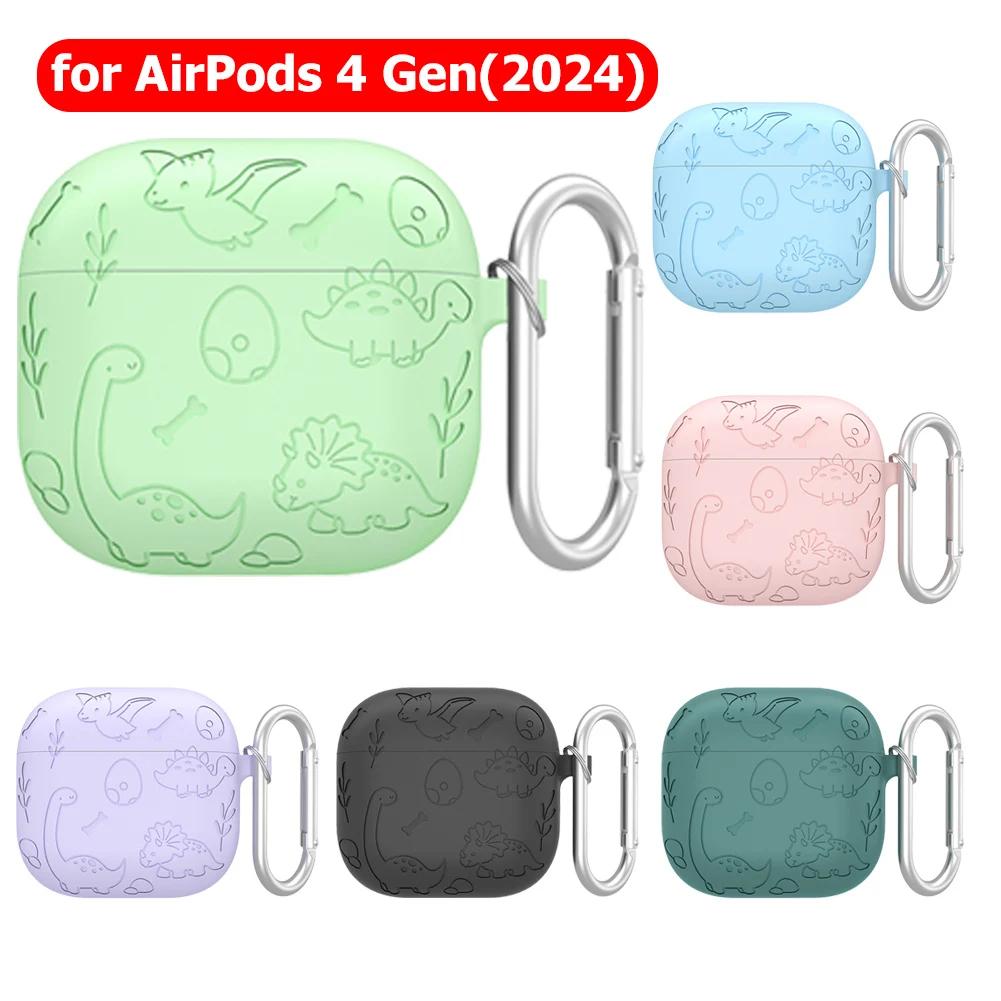 Custodia protettiva in silicone con moschettone con incisione a forma di fiore e dinosauro, custodia protettiva in silicone morbido per AirPods 4 Gen (2025)